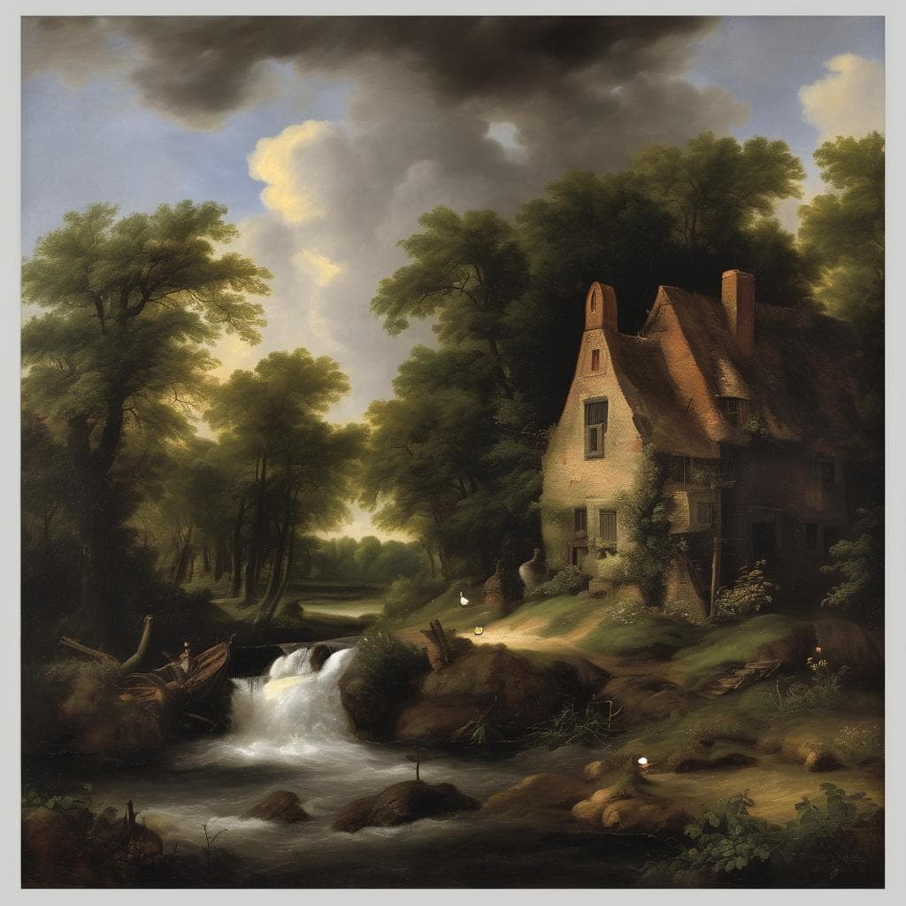 Ουρανόσκιες με τα ανοιχτά και σκοτεινά σύννεφα πάνω από δάσος με ένα παλιό σπίτι δίπλα σε ρέμα.