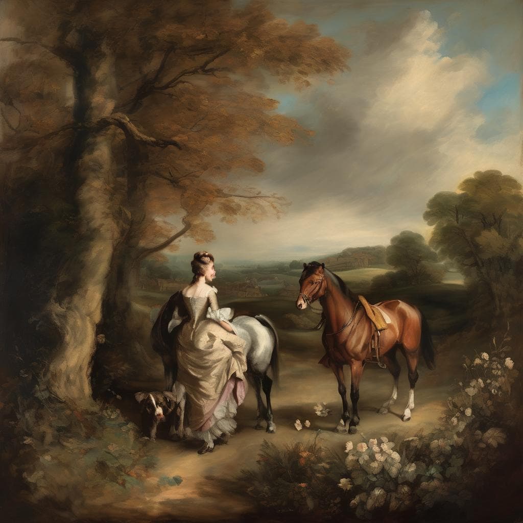 Οπτικά άποψη για τη τέχνη και τον συμβολισμό των χρωμάτων σε ένα τοπίο με γυναίκα και άλογα.