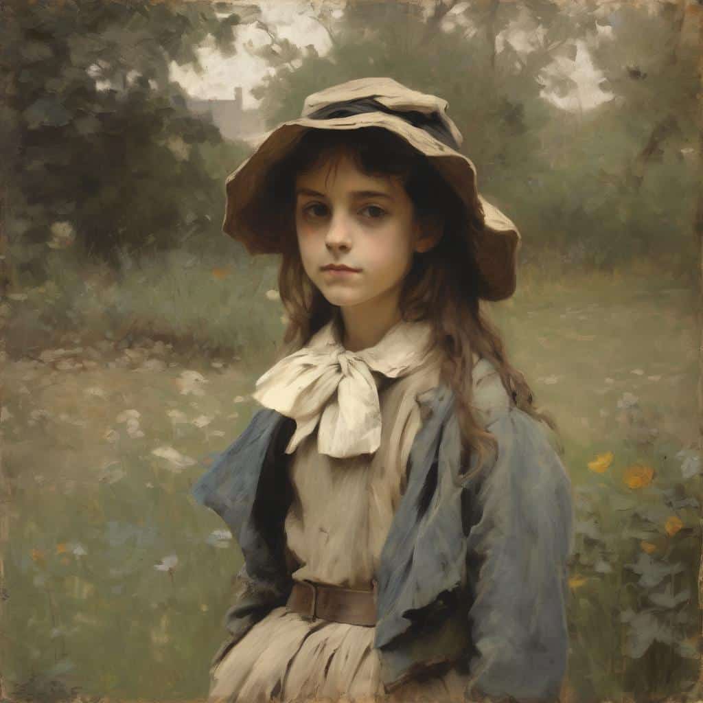 Στατική νεαρή κοπέλα με καπέλο και σακάκι σε ιδιαίτερα χρώματα, σε φυσικό τοπίο, αποπνέει αίσθηση νοσταλγίας και ηρεμίας.