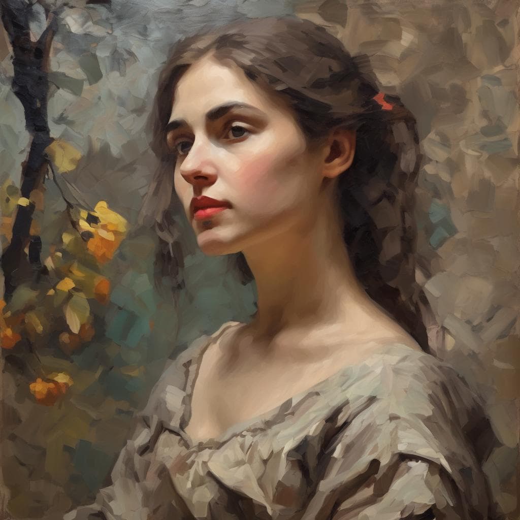 Αλτ κείμενο: Ζωγραφική πορτρέτου γυναίκας με φυσικό τοπίο και λουλούδια στο φόντο.